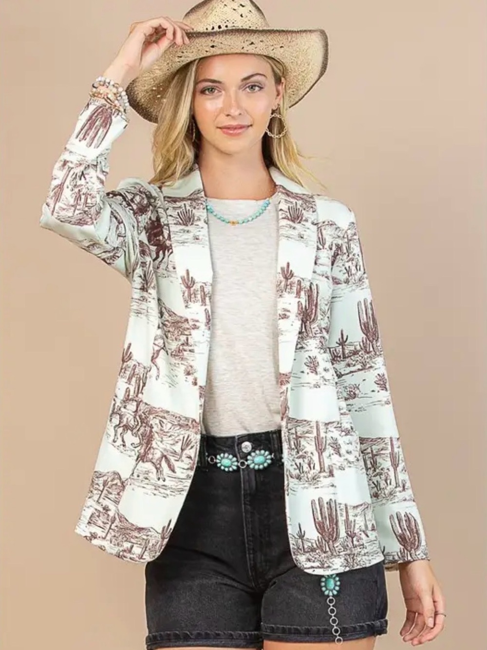 Avery Light Mint Blazer with Brown Western Vintage Print Size S